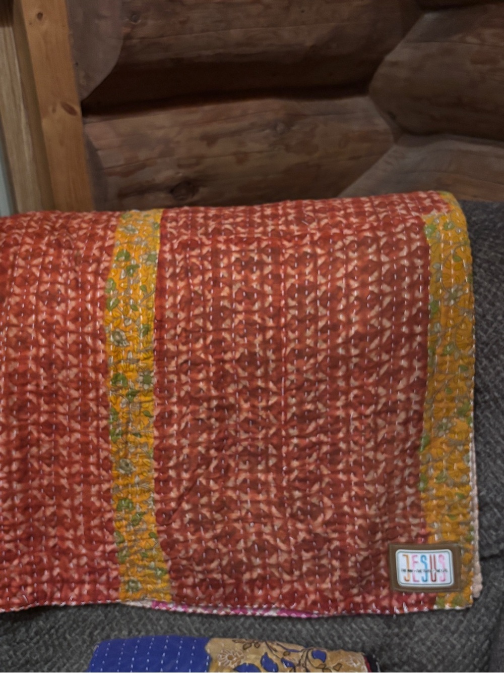 Brick Red and Yellow Quilted KanthaThrow Blanket